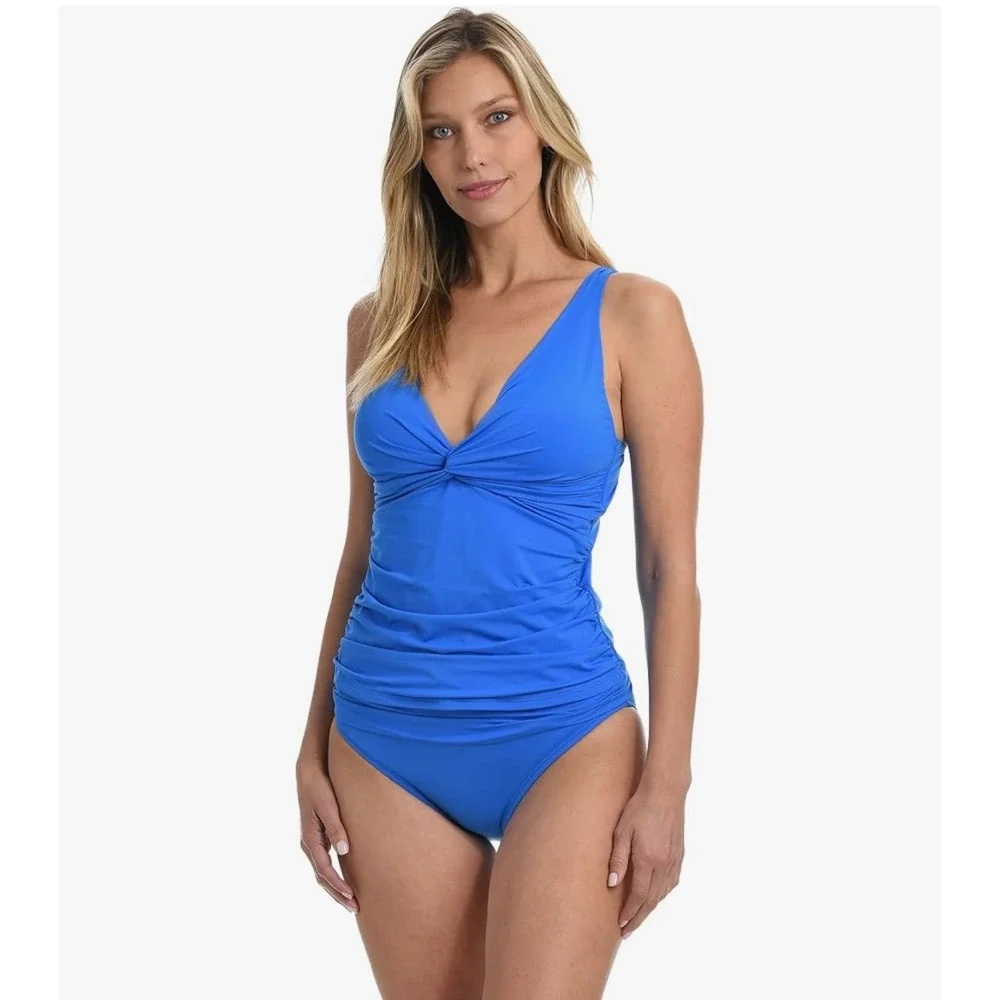 NWT La Blanca Island Goddess Twist Front Tankini Top Capri Blue LB2IG68 Size 4
